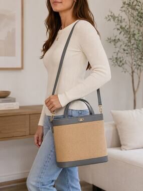 NWT Etienne Aigner Wicker Style Tote 4 Piece Set Tan Wedgewood Blue Authentic